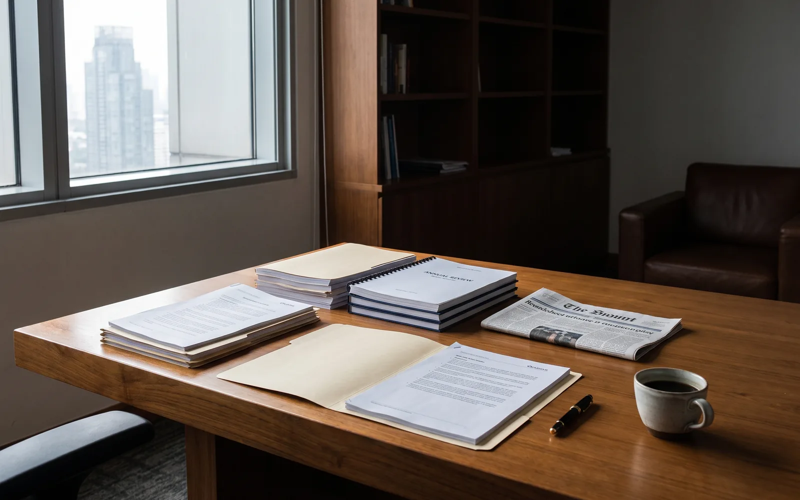 An editorial reading desk in a quiet Bangkok study, printed reports in considered light