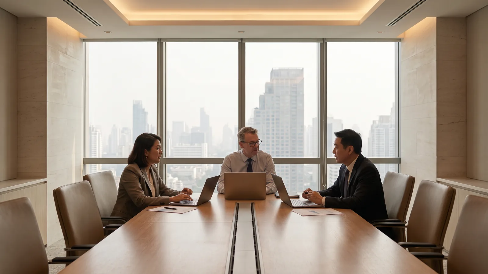Senior leaders reviewing the numbers in a calm Bangkok boardroom