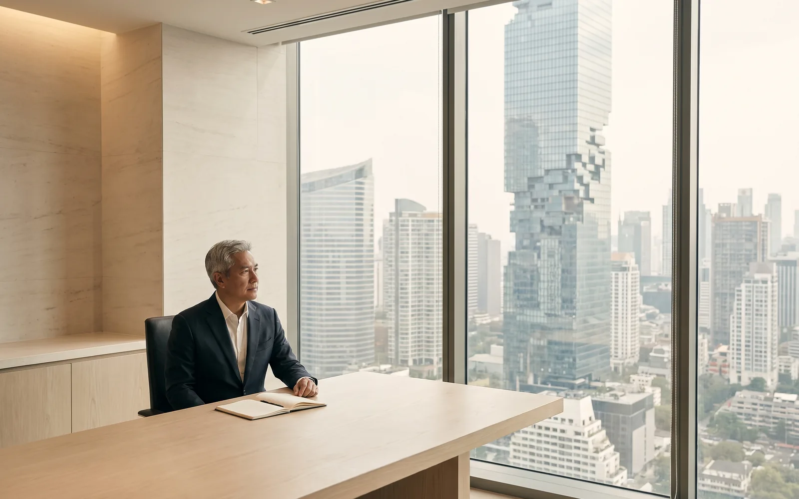 A senior executive looking out over the Bangkok skyline