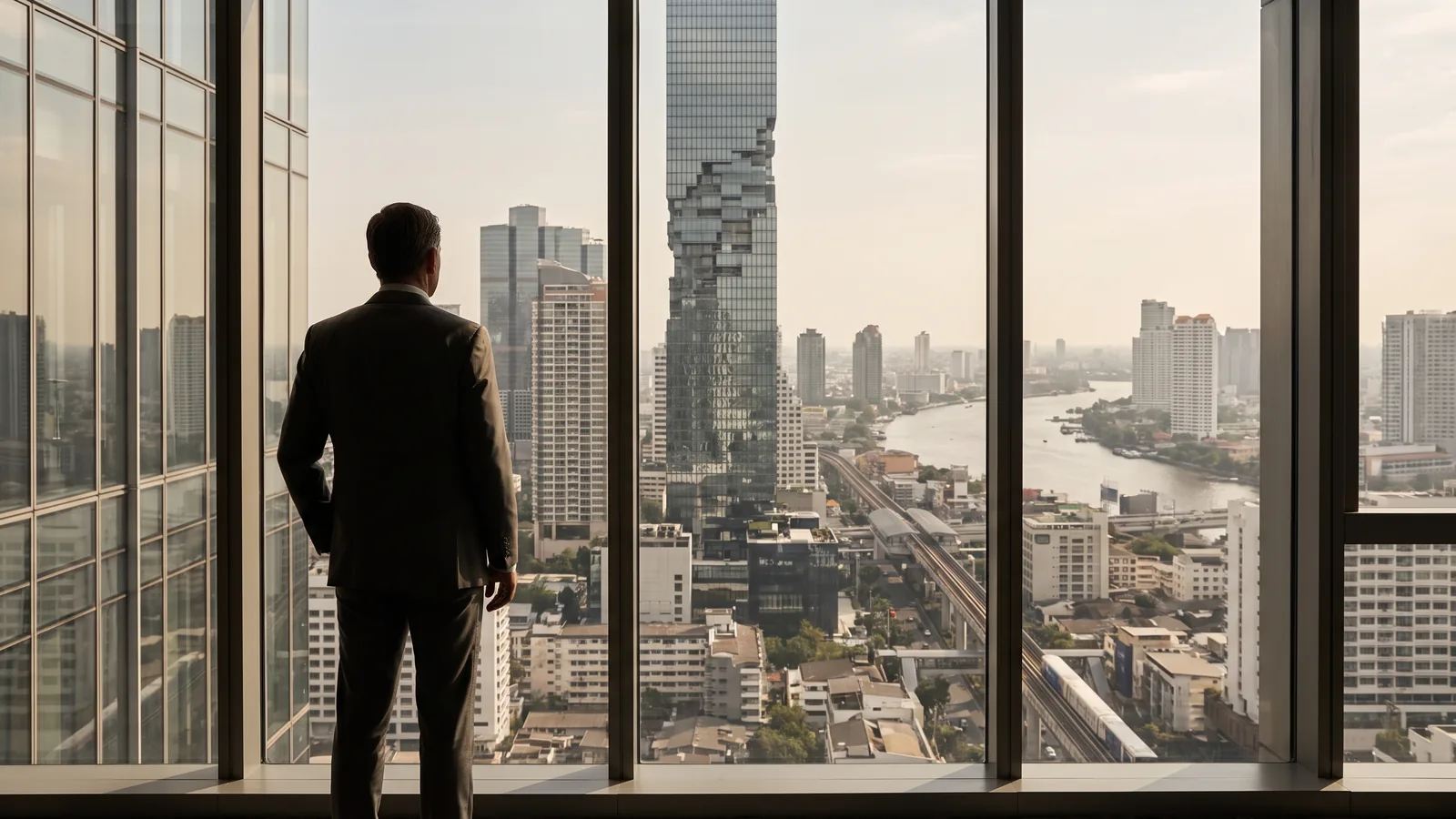 A composed senior executive walking through a bright business-district atrium in Bangkok