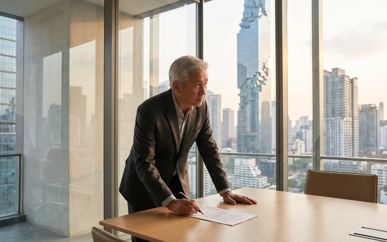 A senior executive in a calm, light-filled Bangkok office, the business district beyond the glass