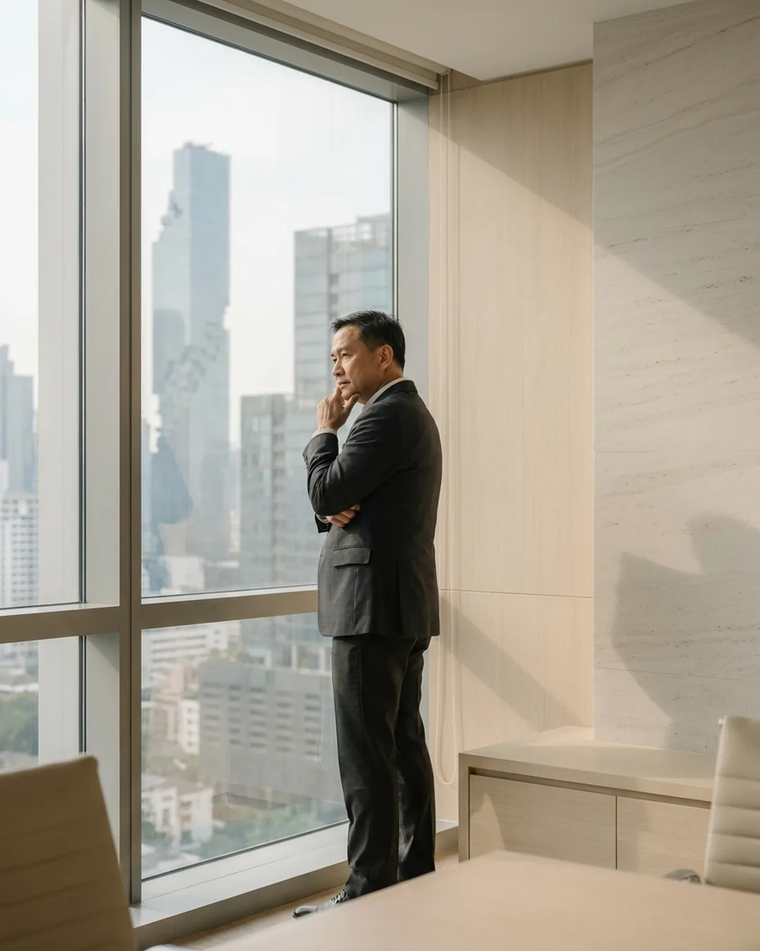 A senior executive standing composed by a window in a quiet office above the city